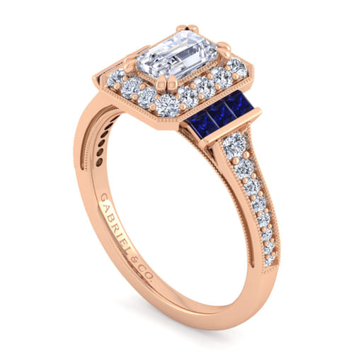 Vintage Inspired 14K Rose Gold Halo Emerald Cut Diamond and Sapphire Channel Set Engagement Ring