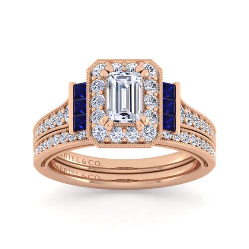 Vintage Inspired 14K Rose Gold Halo Emerald Cut Diamond and Sapphire Channel Set Engagement Ring