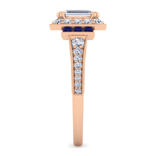 Vintage Inspired 14K Rose Gold Halo Emerald Cut Diamond and Sapphire Channel Set Engagement Ring