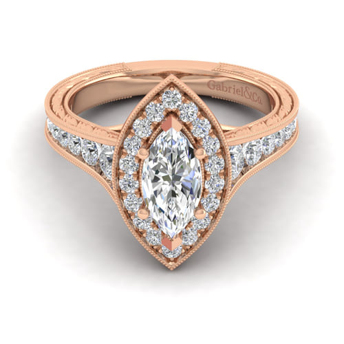 Vintage Inspired 14K Rose Gold Marquise Halo Diamond Channel Set Engagement Ring