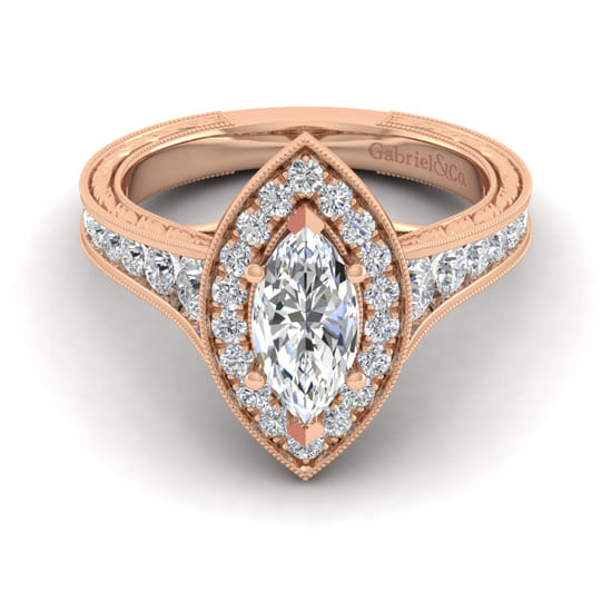 Gabriel - Vintage Inspired 14K Rose Gold Marquise Halo Diamond Channel Set Engagement Ring