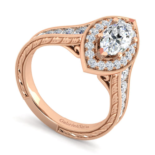 Vintage Inspired 14K Rose Gold Marquise Halo Diamond Channel Set Engagement Ring