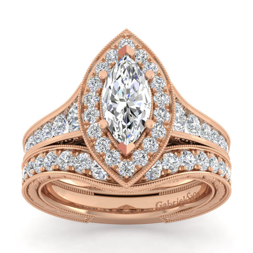 Vintage Inspired 14K Rose Gold Marquise Halo Diamond Channel Set Engagement Ring