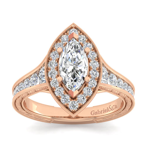 Vintage Inspired 14K Rose Gold Marquise Halo Diamond Channel Set Engagement Ring