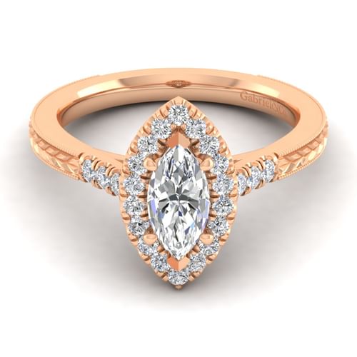 Vintage Inspired 14K Rose Gold Marquise Halo Diamond Engagement Ring
