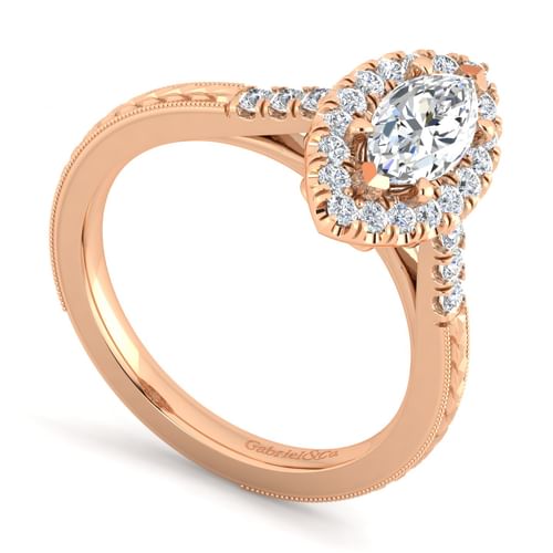 Vintage Inspired 14K Rose Gold Marquise Halo Diamond Engagement Ring