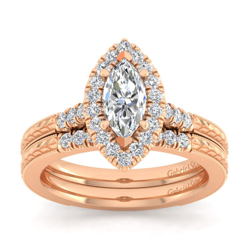 Vintage Inspired 14K Rose Gold Marquise Halo Diamond Engagement Ring