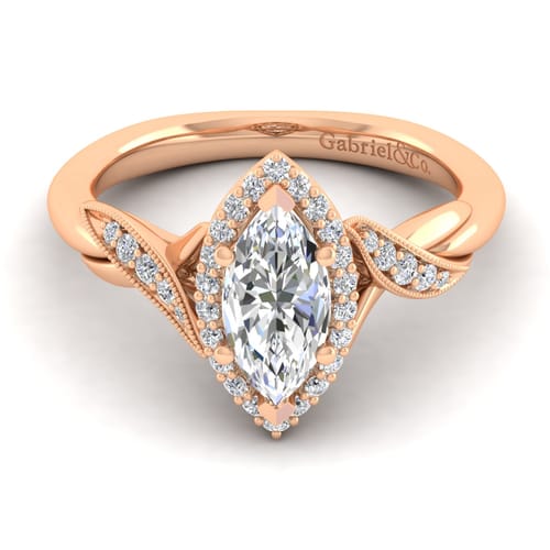 Vintage Inspired 14K Rose Gold Marquise Halo Diamond Engagement Ring