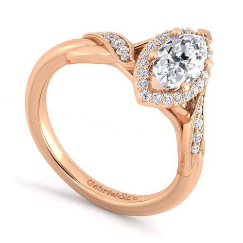 Vintage Inspired 14K Rose Gold Marquise Halo Diamond Engagement Ring