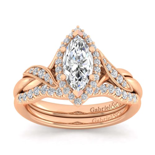 Vintage Inspired 14K Rose Gold Marquise Halo Diamond Engagement Ring