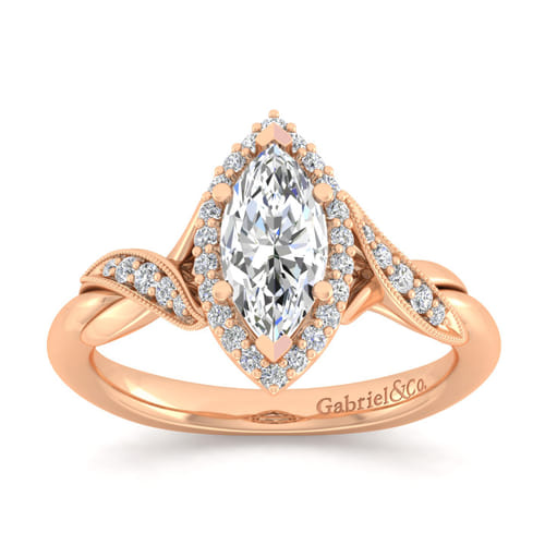 Vintage Inspired 14K Rose Gold Marquise Halo Diamond Engagement Ring