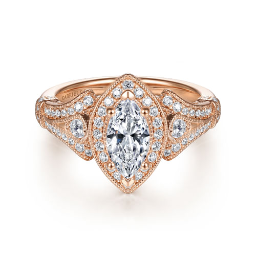 Vintage Inspired 14K Rose Gold Marquise Halo Diamond Engagement Ring