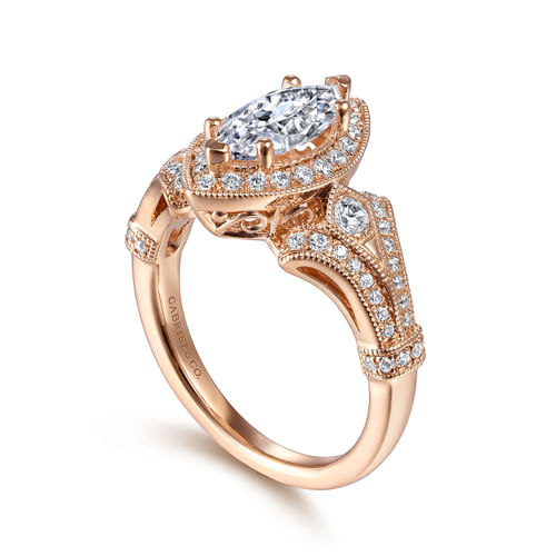 Vintage Inspired 14K Rose Gold Marquise Halo Diamond Engagement Ring