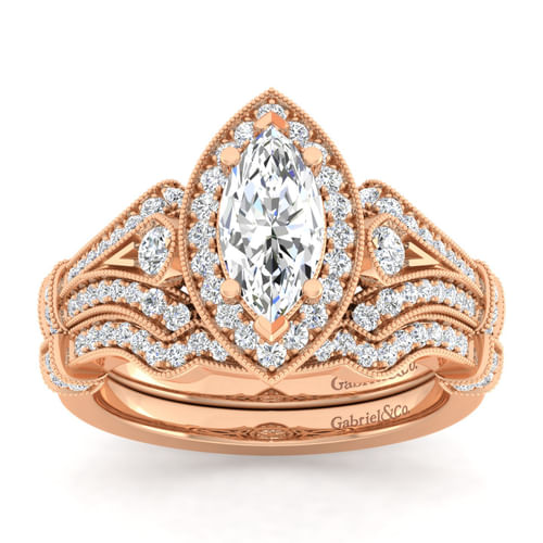 Vintage Inspired 14K Rose Gold Marquise Halo Diamond Engagement Ring
