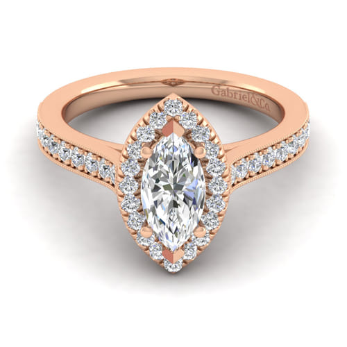 Vintage Inspired 14K Rose Gold Marquise Halo Diamond Engagement Ring