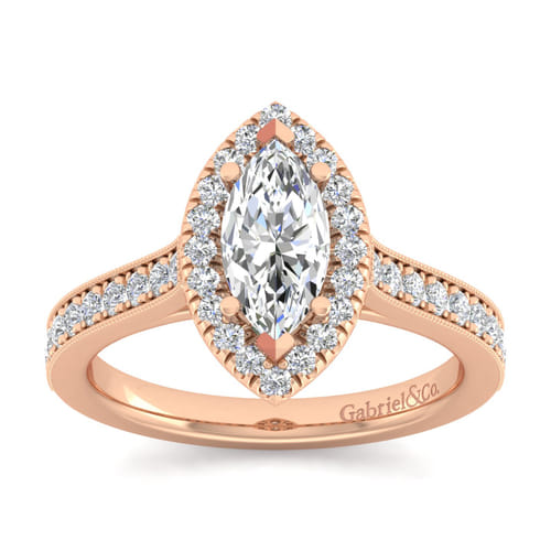 Vintage Inspired 14K Rose Gold Marquise Halo Diamond Engagement Ring