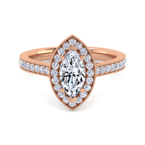 Vintage Inspired 14K Rose Gold Marquise Halo Diamond Engagement Ring