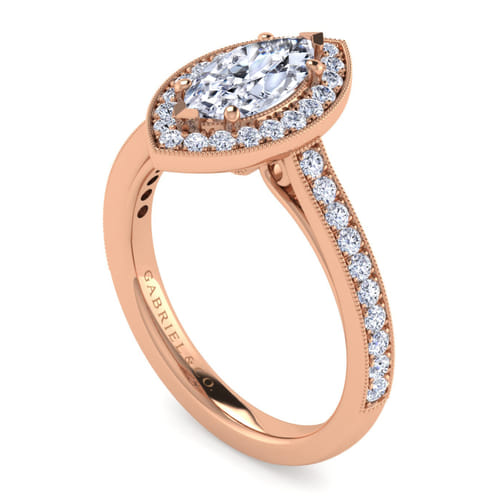 Vintage Inspired 14K Rose Gold Marquise Halo Diamond Engagement Ring