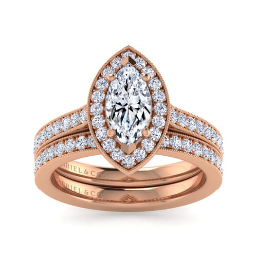 Vintage Inspired 14K Rose Gold Marquise Halo Diamond Engagement Ring