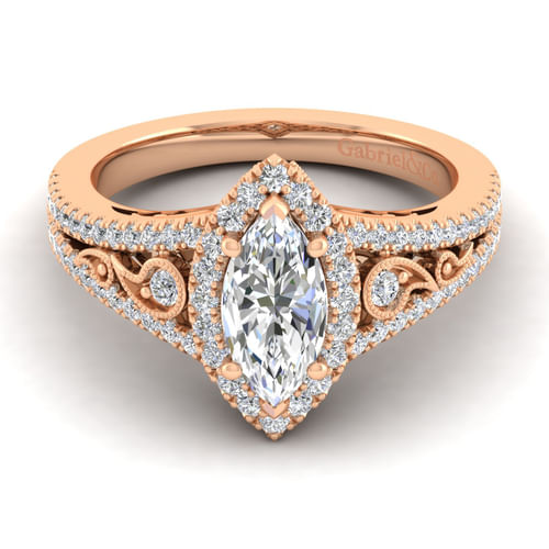 Vintage Inspired 14K Rose Gold Marquise Halo Diamond Engagement Ring