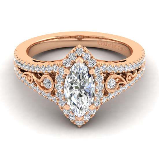 Gabriel - Vintage Inspired 14K Rose Gold Marquise Halo Diamond Engagement Ring