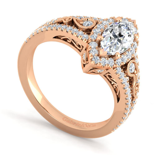 Vintage Inspired 14K Rose Gold Marquise Halo Diamond Engagement Ring
