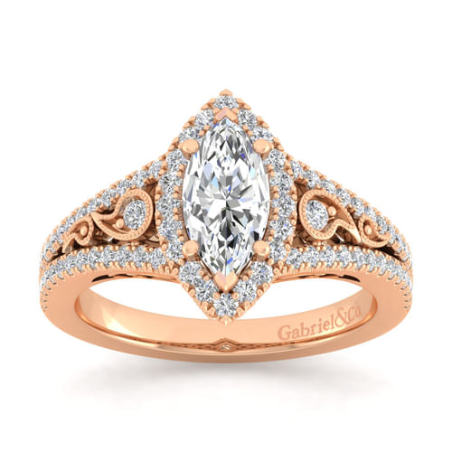 Vintage Inspired 14K Rose Gold Marquise Halo Diamond Engagement Ring