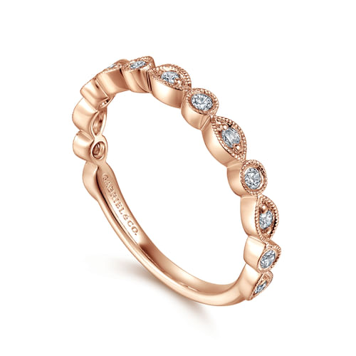 Vintage Inspired 14K Rose Gold Marquise and Round Station Diamond Anniversary Band