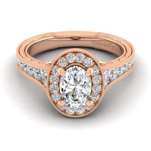 Vintage Inspired 14K Rose Gold Oval Halo Diamond Channel Set Engagement Ring