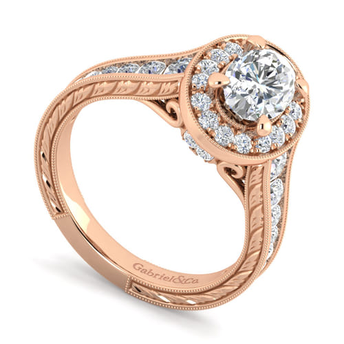 Vintage Inspired 14K Rose Gold Oval Halo Diamond Channel Set Engagement Ring