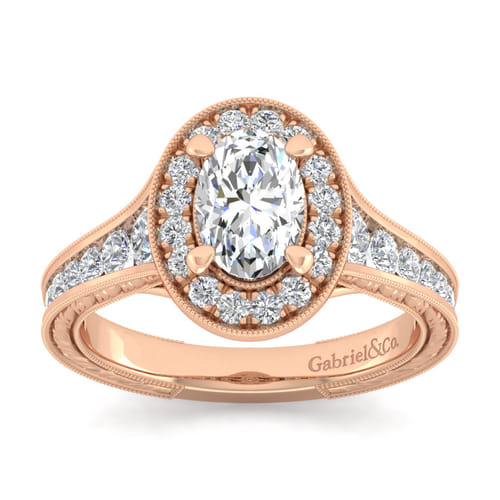 Vintage Inspired 14K Rose Gold Oval Halo Diamond Channel Set Engagement Ring