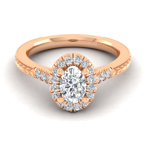 Vintage Inspired 14K Rose Gold Oval Halo Diamond Engagement Ring