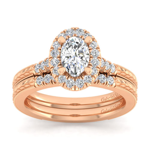 Vintage Inspired 14K Rose Gold Oval Halo Diamond Engagement Ring