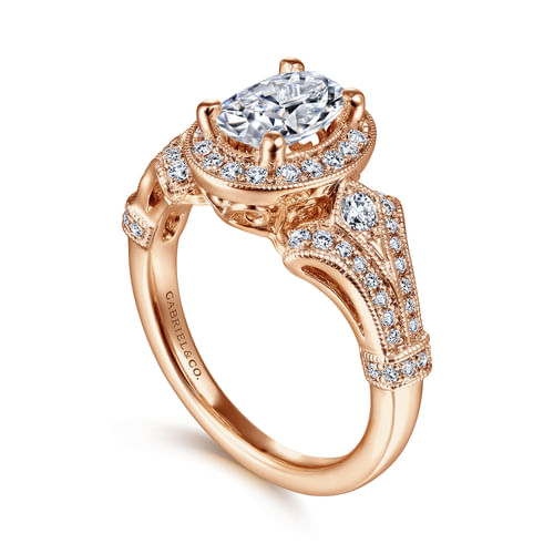 Vintage Inspired 14K Rose Gold Oval Halo Diamond Engagement Ring