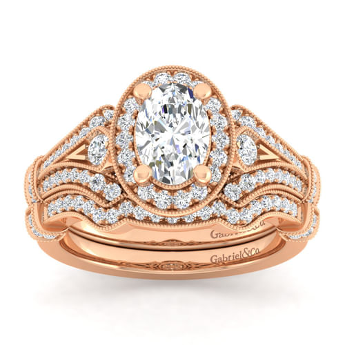 Vintage Inspired 14K Rose Gold Oval Halo Diamond Engagement Ring