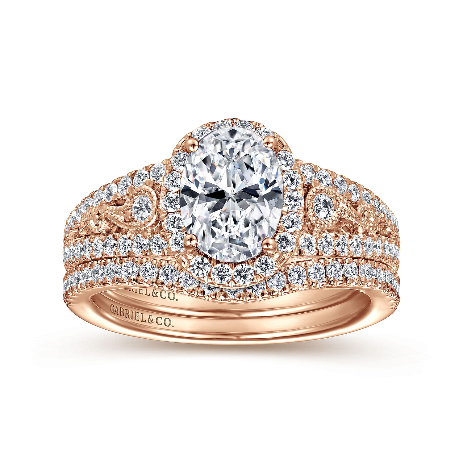 Vintage Inspired 14K Rose Gold Oval Halo Diamond Engagement Ring