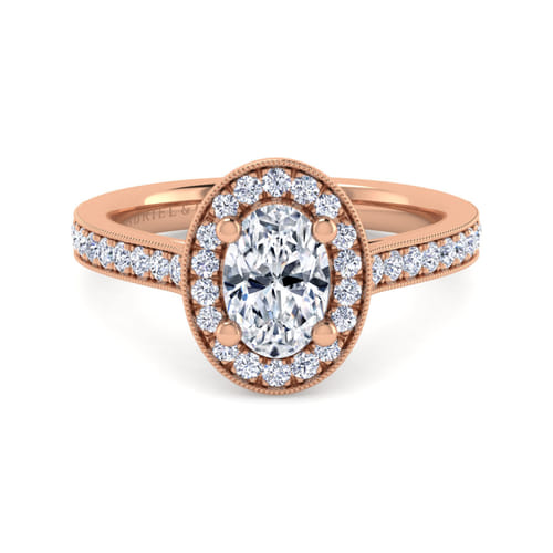 Vintage Inspired 14K Rose Gold Oval Halo Diamond Engagement Ring