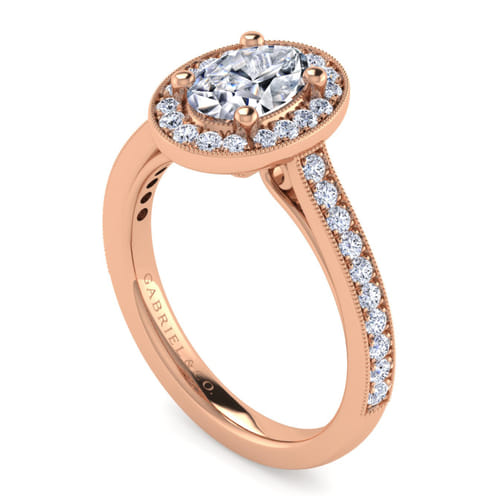 Vintage Inspired 14K Rose Gold Oval Halo Diamond Engagement Ring