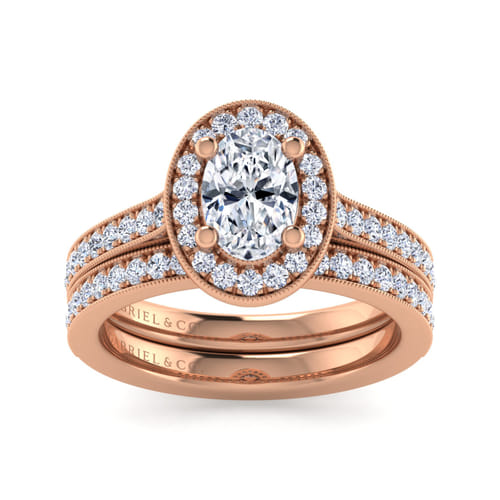 Vintage Inspired 14K Rose Gold Oval Halo Diamond Engagement Ring