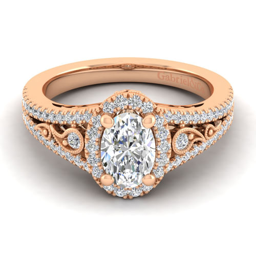 Vintage Inspired 14K Rose Gold Oval Halo Diamond Engagement Ring
