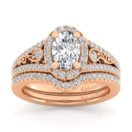 Vintage Inspired 14K Rose Gold Oval Halo Diamond Engagement Ring