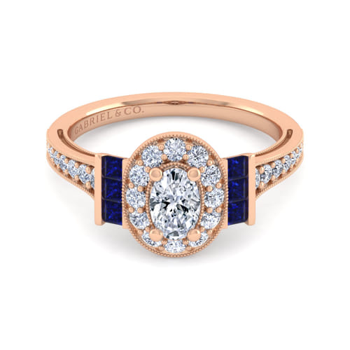 Vintage Inspired 14K Rose Gold Oval Halo Diamond and Sapphire Channel Set Engagement Ring