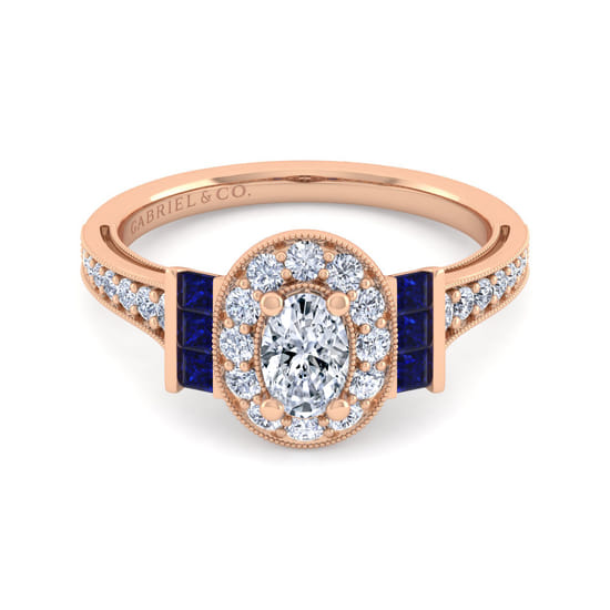 Gabriel - Vintage Inspired 14K Rose Gold Oval Halo Diamond and Sapphire Channel Set Engagement Ring