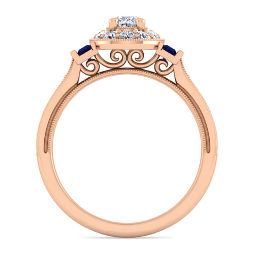 Vintage Inspired 14K Rose Gold Oval Halo Diamond and Sapphire Channel Set Engagement Ring
