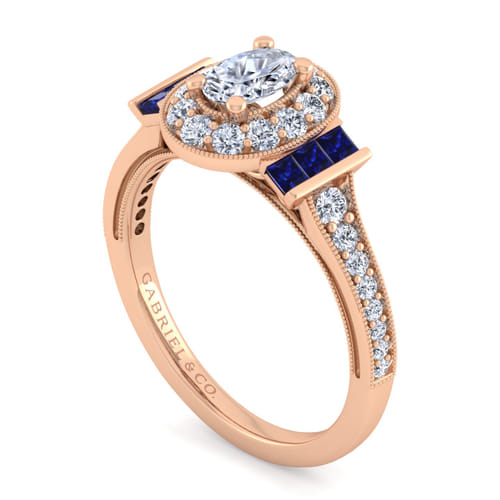 Vintage Inspired 14K Rose Gold Oval Halo Diamond and Sapphire Channel Set Engagement Ring