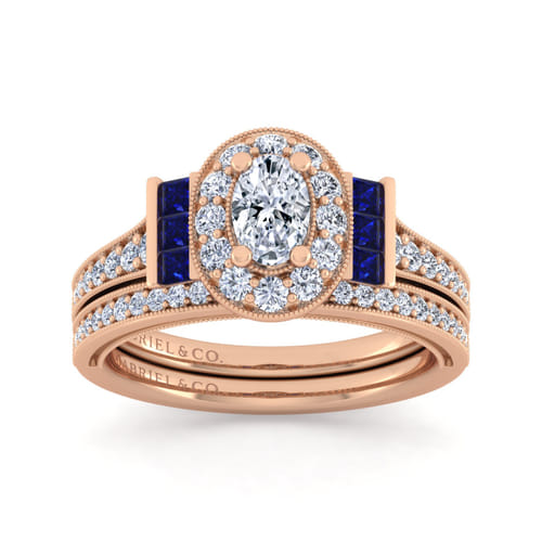 Vintage Inspired 14K Rose Gold Oval Halo Diamond and Sapphire Channel Set Engagement Ring