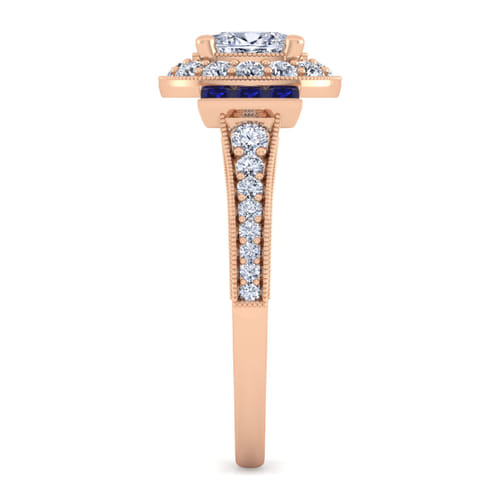 Vintage Inspired 14K Rose Gold Oval Halo Diamond and Sapphire Channel Set Engagement Ring