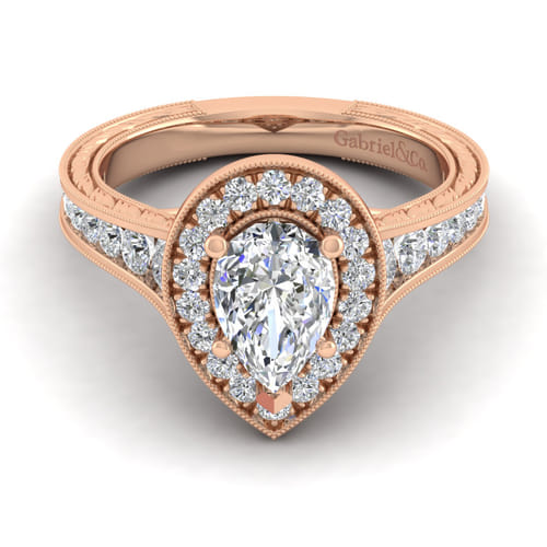 Vintage Inspired 14K Rose Gold Pear Shape Halo Diamond Channel Set Engagement Ring