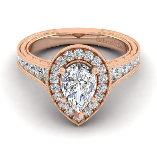 Gabriel - Vintage Inspired 14K Rose Gold Pear Shape Halo Diamond Channel Set Engagement Ring