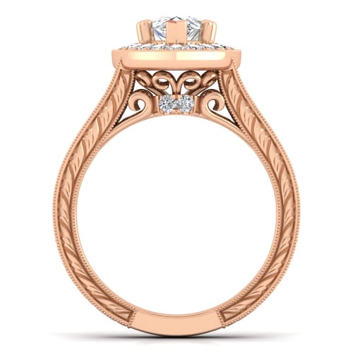 Vintage Inspired 14K Rose Gold Pear Shape Halo Diamond Channel Set Engagement Ring